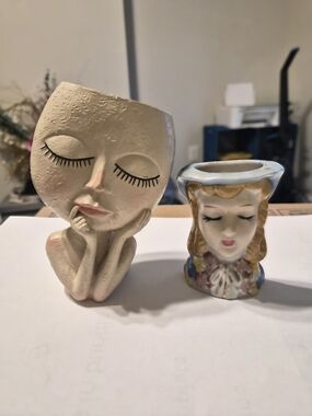 Grace & Face Whimsical Face Vase & Wall Pocket Duo – Vintage Japan & Modern Chic